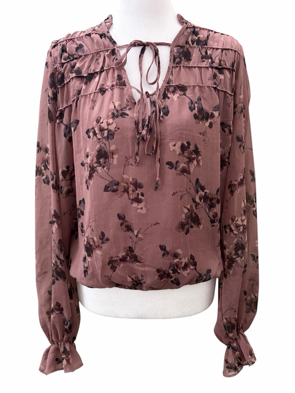 Autres Filles Mauve Floral Blouse Metallic Stripe Tiered Ruffle Tie Neck Medium